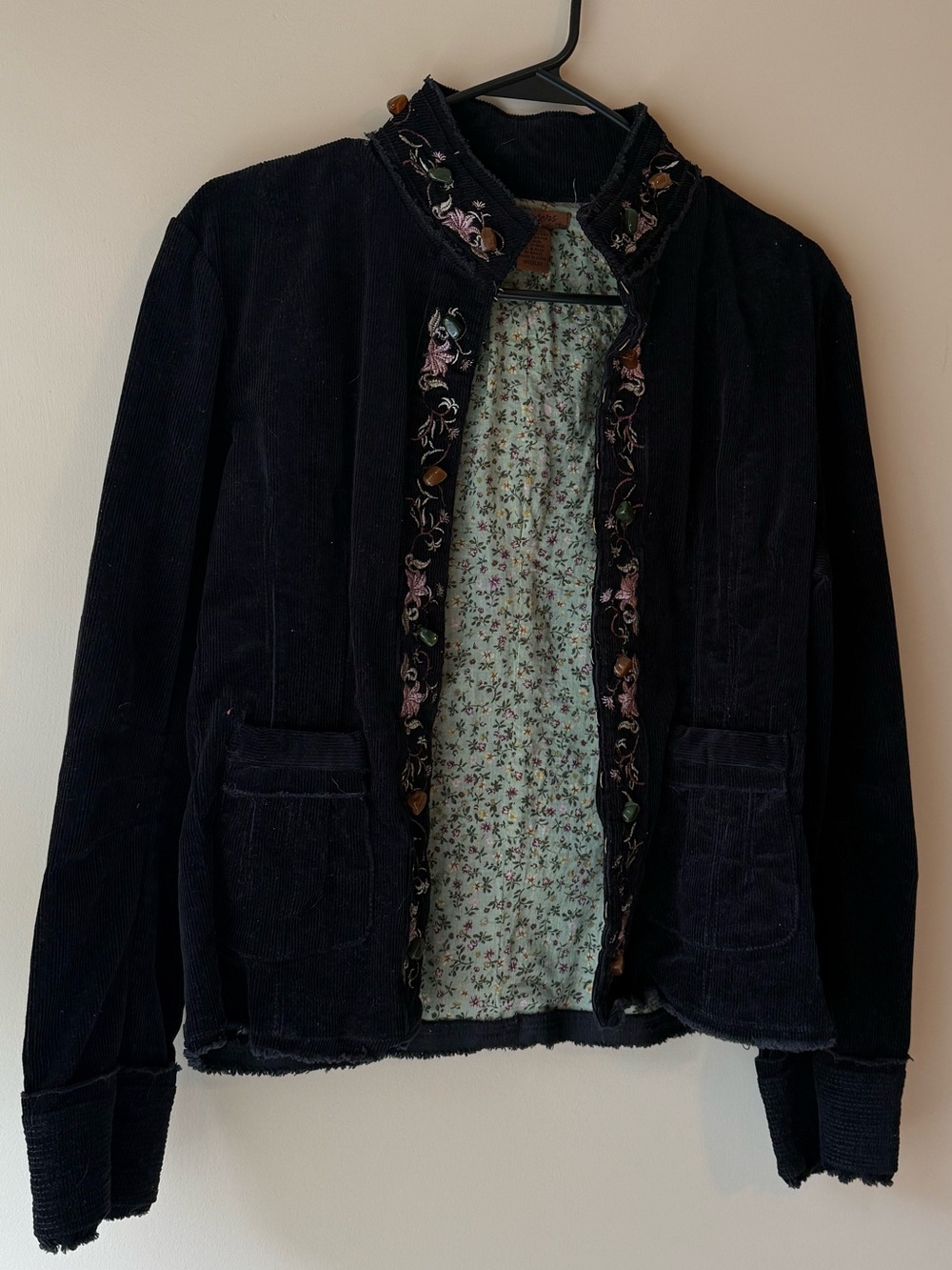 Women’s vintage Black corduroy Floral-Trim Jacket